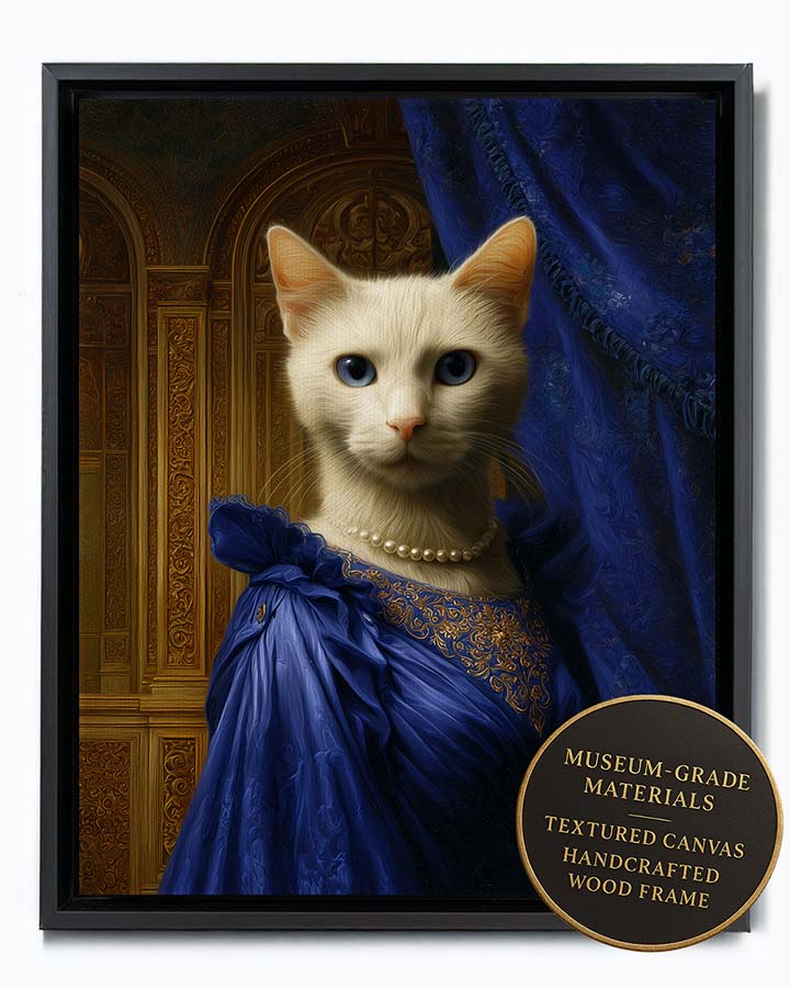 Wagwag Art classical palace-style custom pet portrait – a noble female cat in royal blue satin gown with gold embroidery and pearl earrings, blue velvet drape and gold panel background, oil painting style, shown in black frame