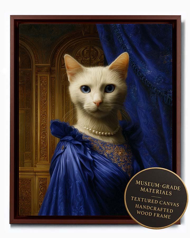 Wagwag Art classical palace-style custom pet portrait – a noble female cat in royal blue satin gown with gold embroidery and pearl earrings, blue velvet drape and gold panel background, oil painting style, shown in espresso frame