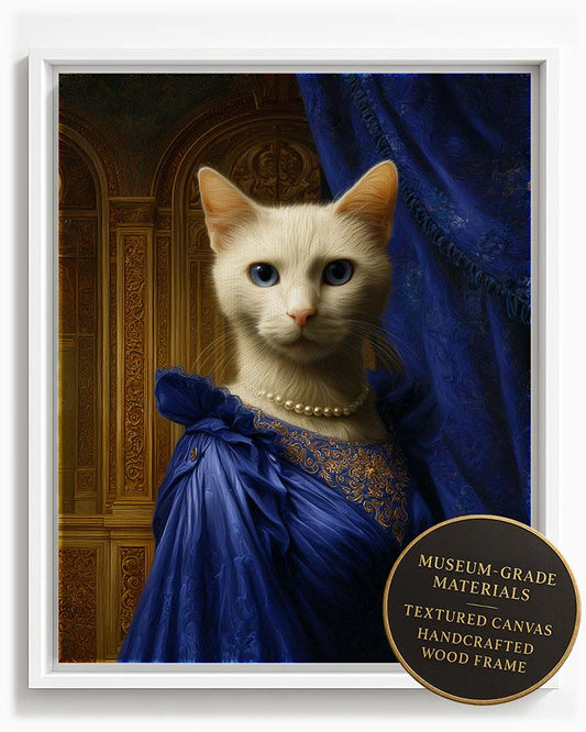 Wagwag Art classical palace-style custom pet portrait – a noble female cat in royal blue satin gown with gold embroidery and pearl earrings, blue velvet drape and gold panel background, oil painting style, shown in white frame
