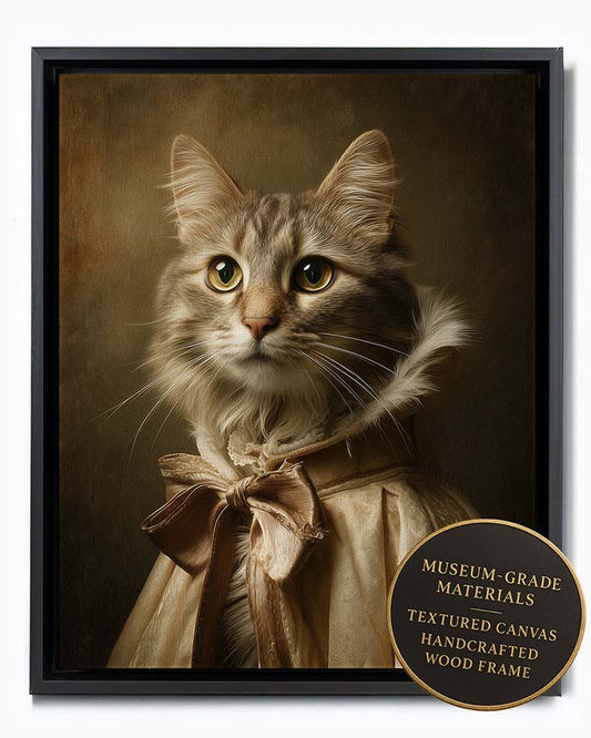 Wagwag Art classical painter's studio style custom pet portrait – a graceful female cat in cream velvet cloak with satin bow, warm ochre background and soft light, shown in black frame