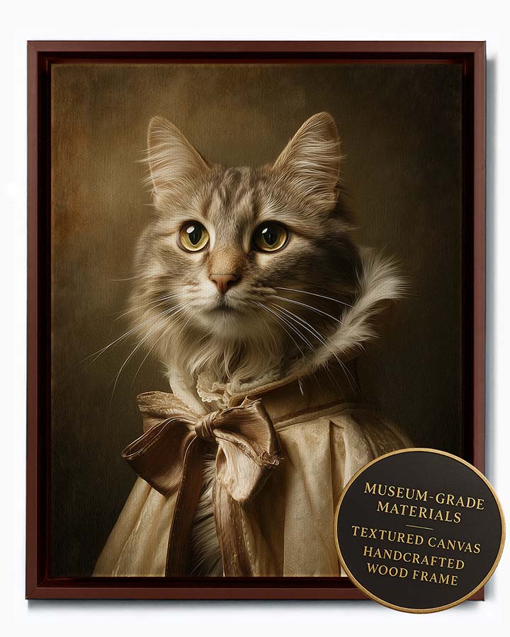 Wagwag Art classical painter's studio style custom pet portrait – a graceful female cat in cream velvet cloak with satin bow, warm ochre background and soft light, shown in espresso frame