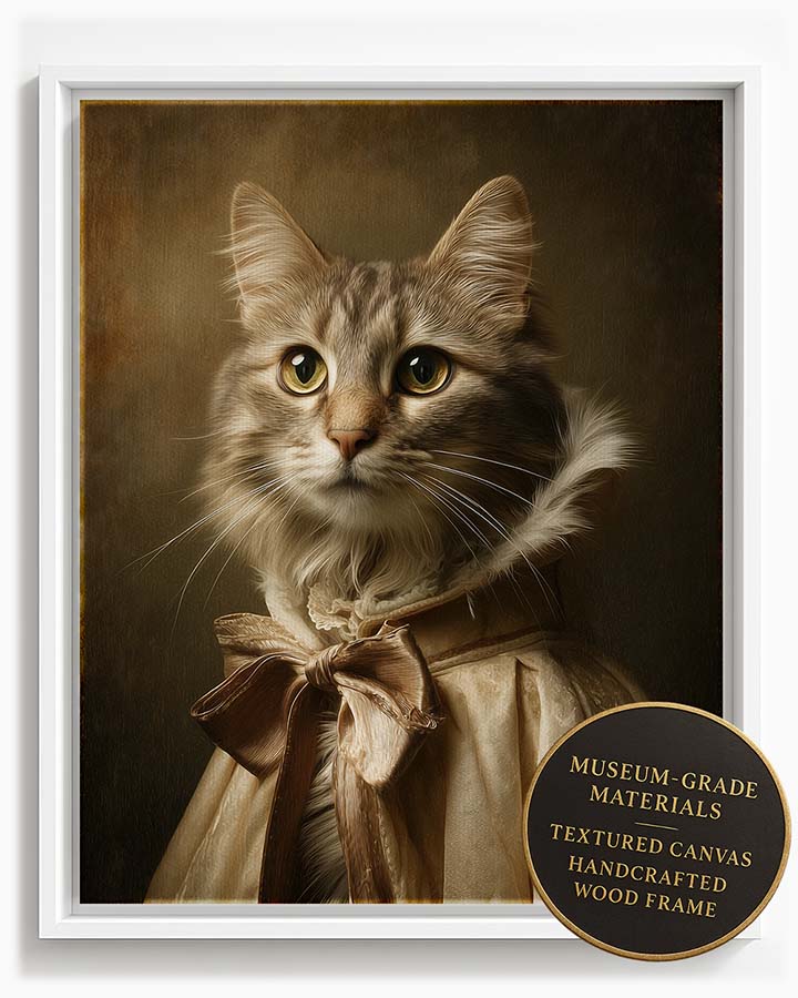 Wagwag Art classical painter's studio style custom pet portrait – a graceful female cat in cream velvet cloak with satin bow, warm ochre background and soft light, shown in white frame