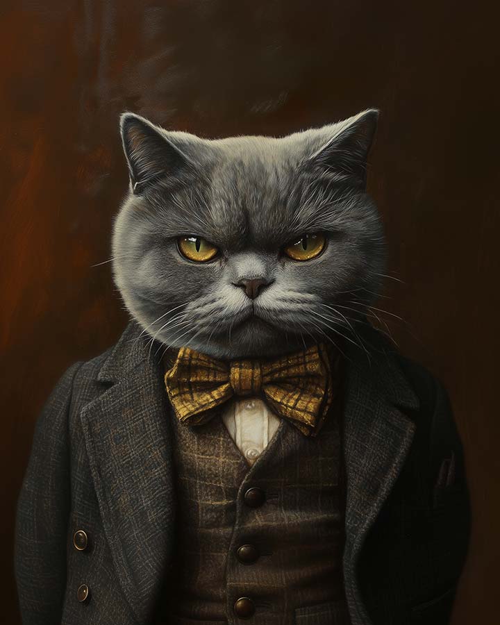 Wagwag Art Victorian banker style custom pet portrait – British Shorthair cat in waistcoat and bow tie, mahogany panel background, serious expression