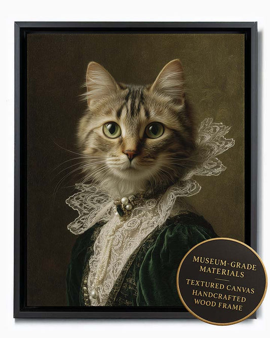 Wagwag Art Victorian noblewoman custom pet portrait – a regal cat in dark green velvet and lace with pearl brooch, baroque oil painting style, shown in black frame
