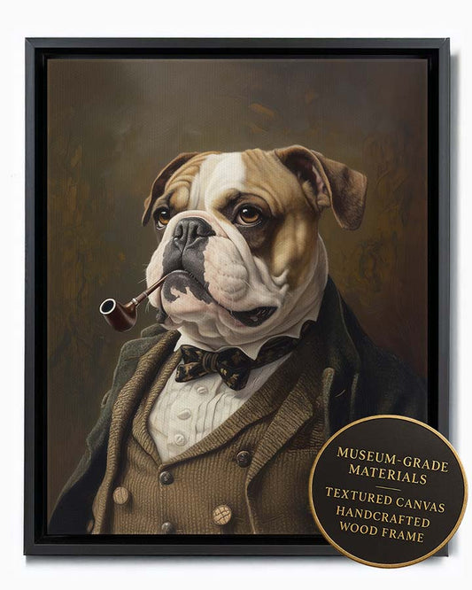 Wagwag Art custom pet portrait in Victorian scholar style – a dignified Bulldog in a tweed waistcoat, gently holding a pipe in its mouth, warm oil painting tones and thoughtful expression, shown in black frame