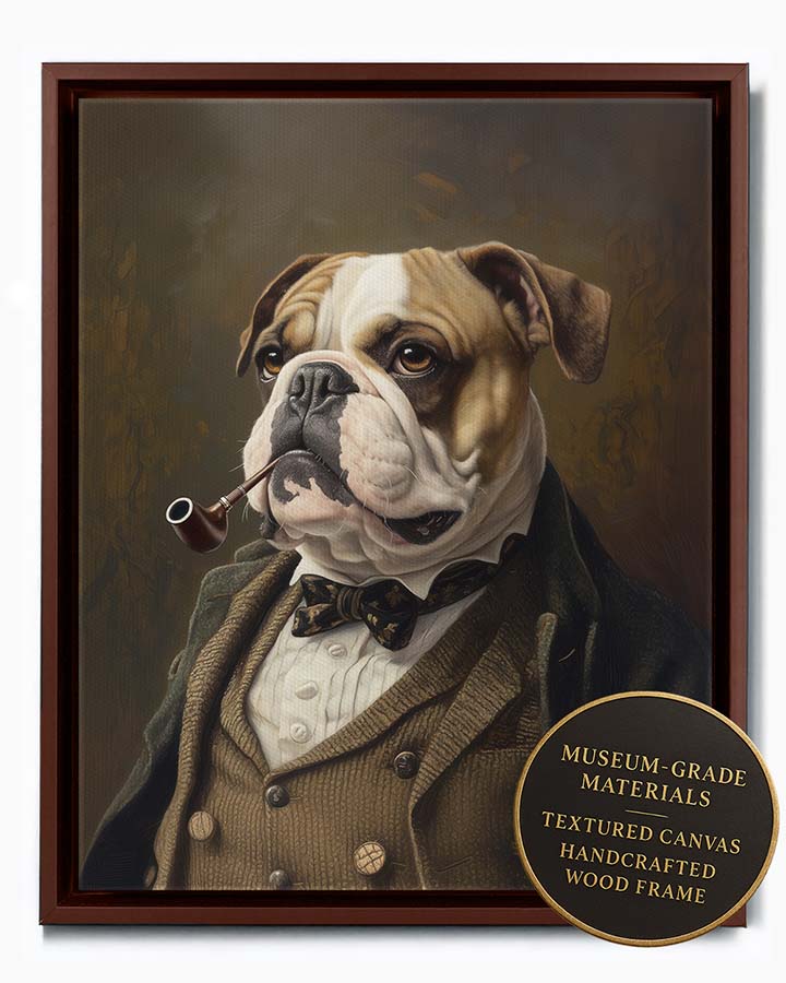 Wagwag Art custom pet portrait in Victorian scholar style – a dignified Bulldog in a tweed waistcoat, gently holding a pipe in its mouth, warm oil painting tones and thoughtful expression, shown in espresso frame