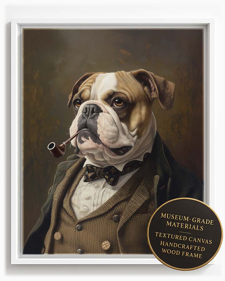 Wagwag Art custom pet portrait in Victorian scholar style – a dignified Bulldog in a tweed waistcoat, gently holding a pipe in its mouth, warm oil painting tones and thoughtful expression, shown in white frame