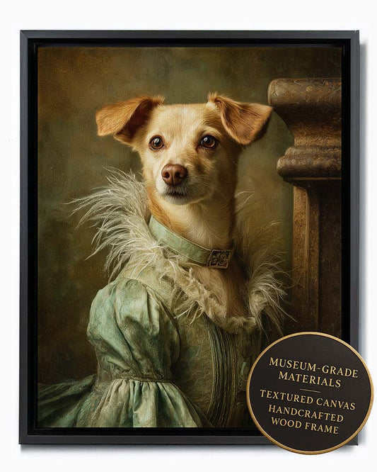 Wagwag Art classical-style custom pet portrait – a graceful female dog in ice green gown with feather-trimmed shoulders and satin clasp, weathered fireplace background, oil painting style, shown in black frame