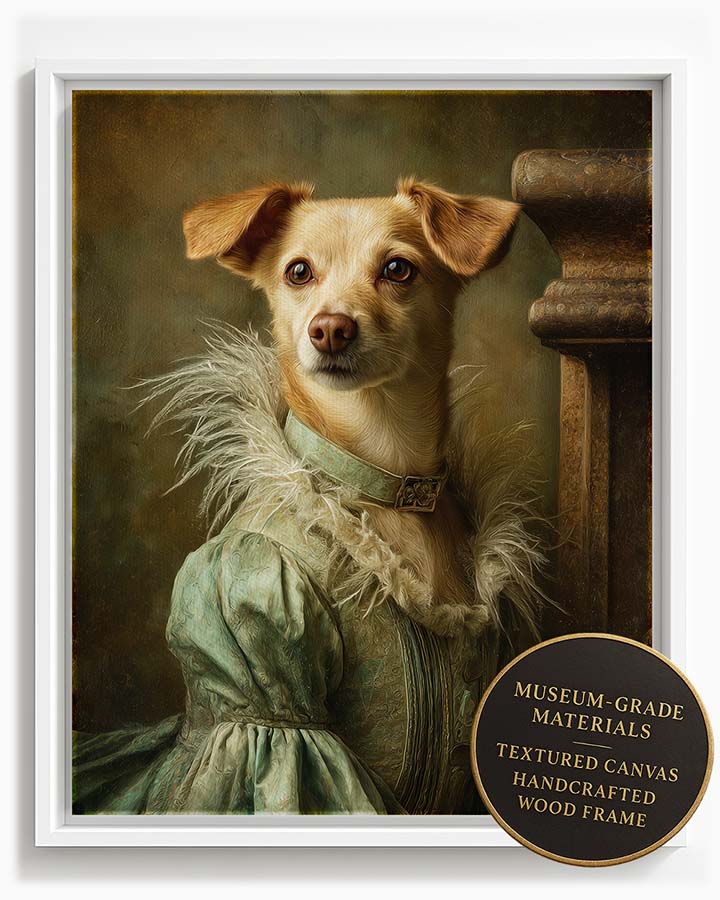 Wagwag Art classical-style custom pet portrait – a graceful female dog in ice green gown with feather-trimmed shoulders and satin clasp, weathered fireplace background, oil painting style, shown in white frame