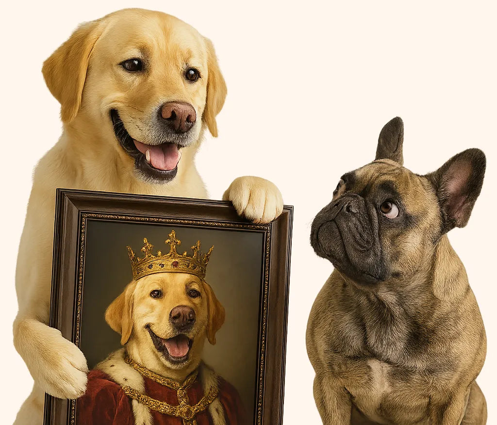 A smiling Yellow Labrador holds up a framed custom pet portrait depicting him as a king with a crown and red robe, while a brindle French Bulldog looks on curiously. Example of wagwag.art's royal pet portraits service.