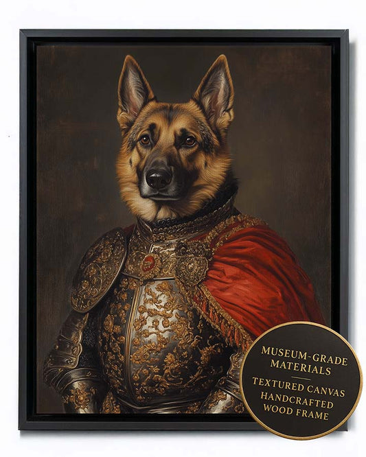 Majestic German Shepherd depicted as a noble knight in ornate armor with a red cape, a custom pet portrait by Wag Wag Art, shown in black frame