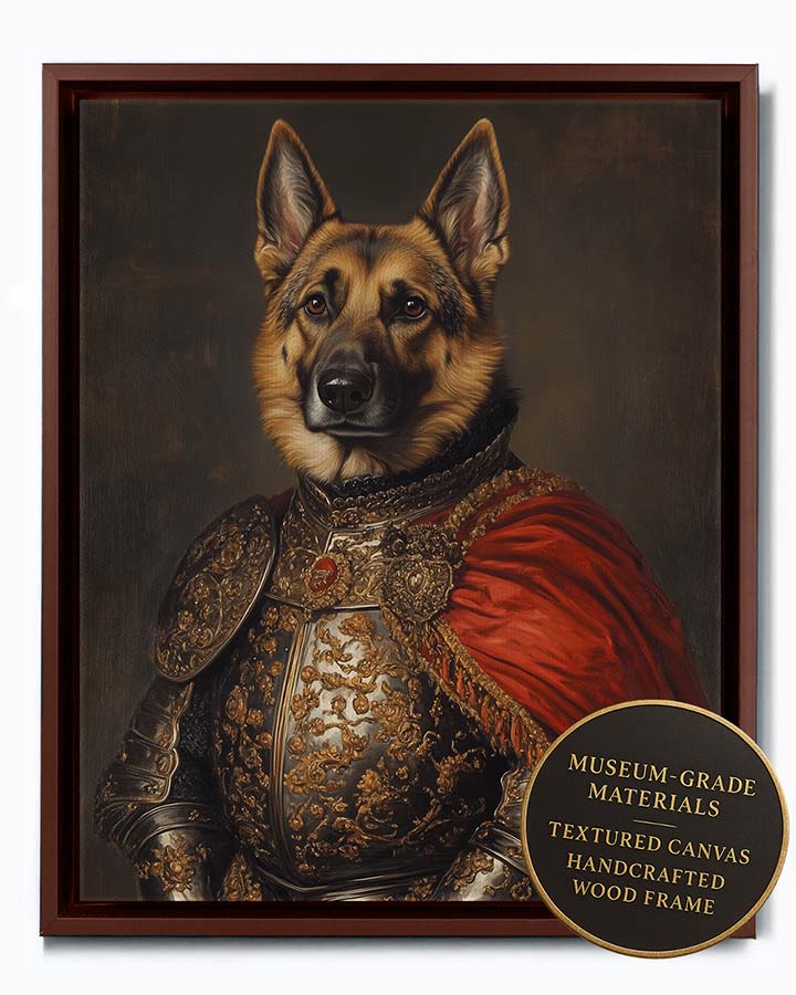 Majestic German Shepherd depicted as a noble knight in ornate armor with a red cape, a custom pet portrait by Wag Wag Art, shown in espresso frame