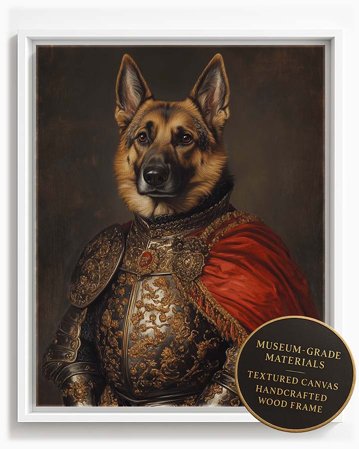 Majestic German Shepherd depicted as a noble knight in ornate armor with a red cape, a custom pet portrait by Wag Wag Art, shown in white frame