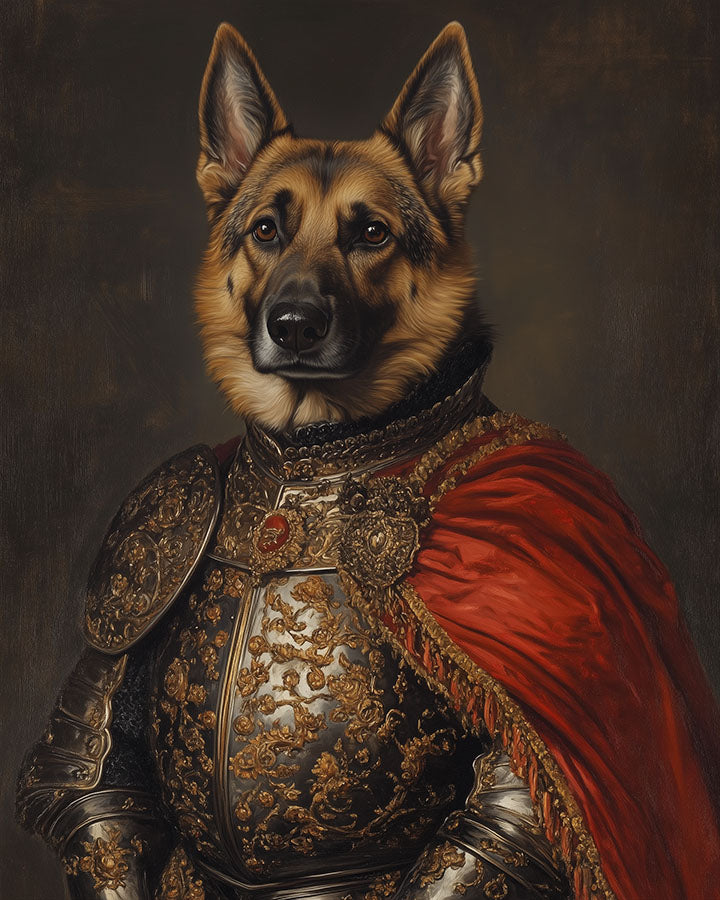 Majestic German Shepherd depicted as a noble knight in ornate armor with a red cape, a custom pet portrait by Wag Wag Art