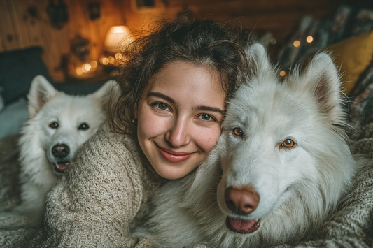 A smiling young woman (two dog's mom) with curly hair lovingly cuddles with her two large, fluffy white Samoyed dogs in a cozy, warmly lit room with fairy lights.