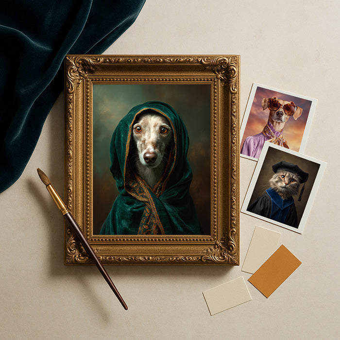 An artistic flat lay featuring a Renaissance pet portrait in a gold frame. Beside it, two Polaroids showcase other styles—a dog in sunglasses and a scholarly cat—highlighting the variety of masterpieces available.