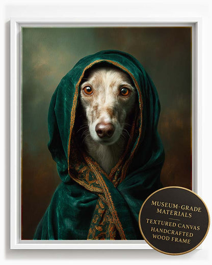 Wagwag Art 18th-century custom pet portrait – a serene female dog in an emerald green velvet cloak with gold trim, classic oil painting style, shown in white frame