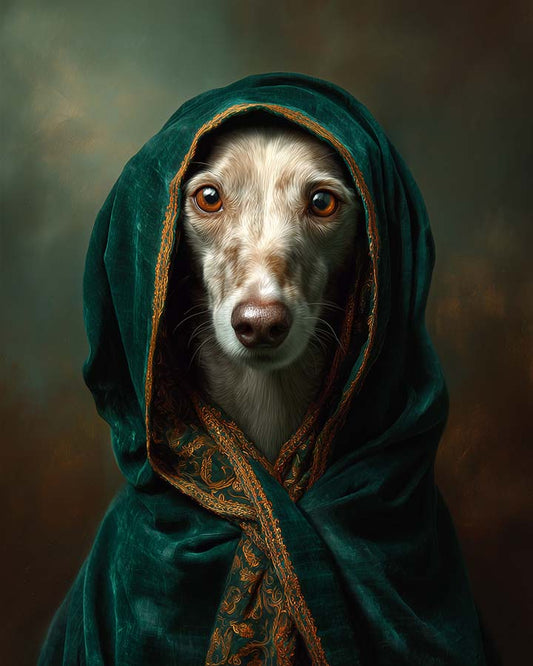 Wagwag Art 18th-century custom pet portrait – a serene female dog in an emerald green velvet cloak with gold trim, classic oil painting style