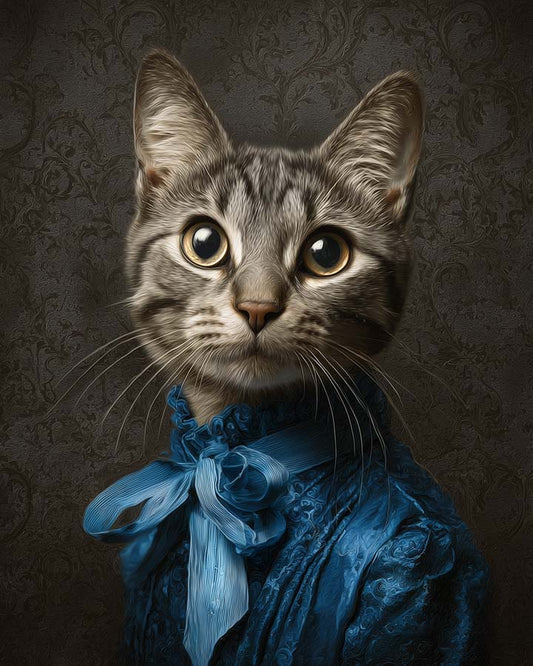 Wagwag Art Baroque-inspired custom pet portrait – a cute female tabby cat in royal blue silk gown with large bow and ruffled collar, dark damask background