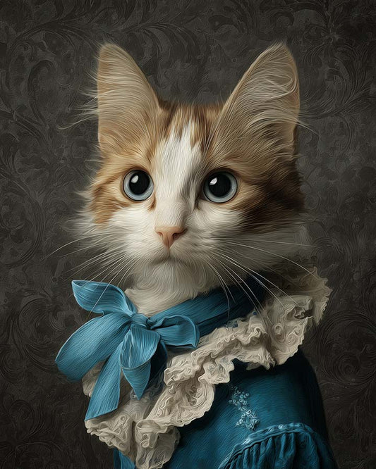 Wagwag Art Baroque-style custom pet portrait – a cute female cat in royal blue silk gown with sky blue ribbon, classical oil painting with damask background