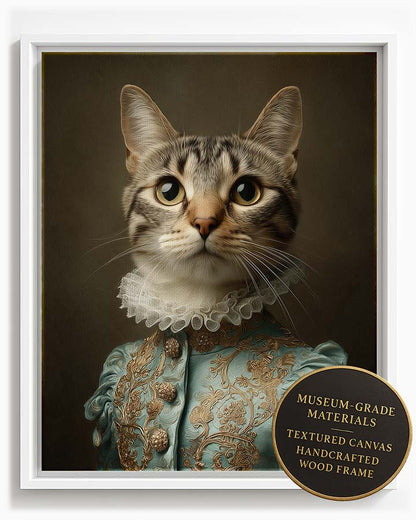 Wagwag Art Baroque-style custom pet portrait – a graceful female cat in pale blue brocade with gold embroidery and ruffled collar, classical oil painting style, shown in white frame