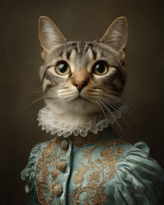 Wagwag Art Baroque-style custom pet portrait – a graceful female cat in pale blue brocade with gold embroidery and ruffled collar, classical oil painting style