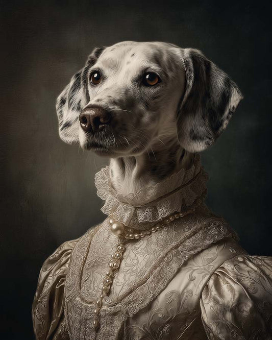 Wagwag Art Baroque-style custom pet portrait – a graceful female dog in ivory silk gown with subtle patterns, soft lighting and muted classic background, oil painting style