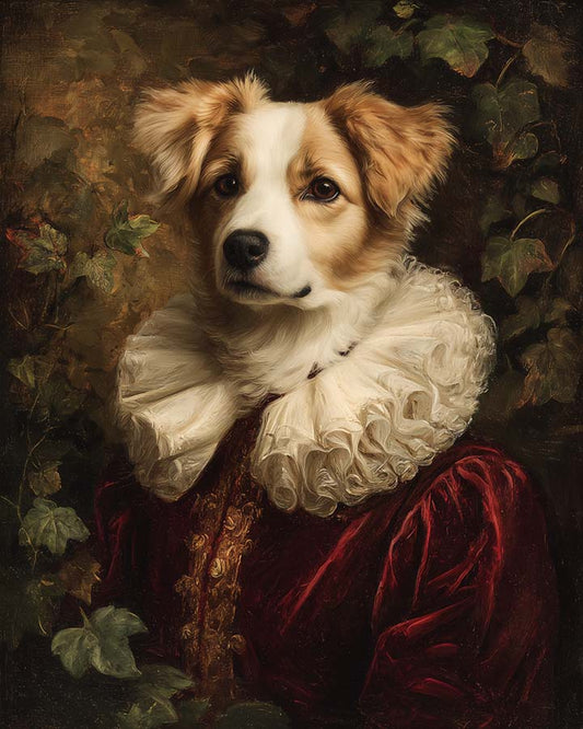 Wagwag Art Baroque-style custom pet portrait – a noble dog in burgundy velvet gown with gold embroidery and white ruff collar, surrounded by ivy and foliage, oil painting style