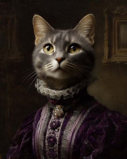 Wagwag Art baroque-style custom pet portrait – a noble female cat in royal purple velvet gown with silver trim, warm candlelight and dark wood background, classical oil painting style