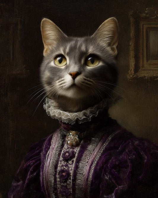 Wagwag Art baroque-style custom pet portrait – a noble female cat in royal purple velvet gown with silver trim, warm candlelight and dark wood background, classical oil painting style
