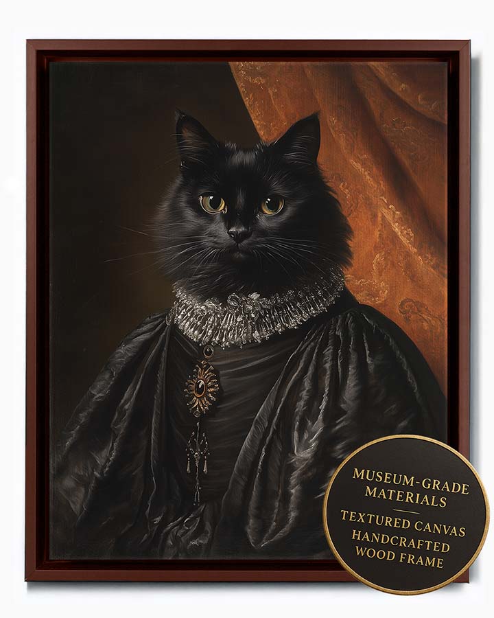 Wagwag Art Baroque Queen Regent style custom pet portrait – a sleek black cat in an ornate silver-threaded gown with dramatic lighting and regal expression, shown in espresso frame