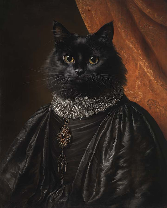 Wagwag Art Baroque Queen Regent style custom pet portrait – a sleek black cat in an ornate silver-threaded gown with dramatic lighting and regal expression