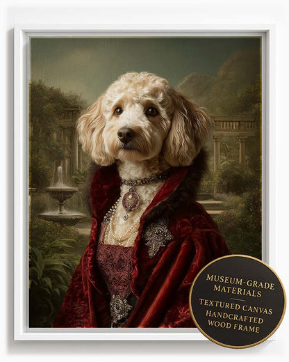 Wagwag Art Baroque-style custom pet portrait – a graceful female dog in red velvet and fur shawl, wearing baroque jewelry, with a Pompeii garden and fountain in background, shown in white frame