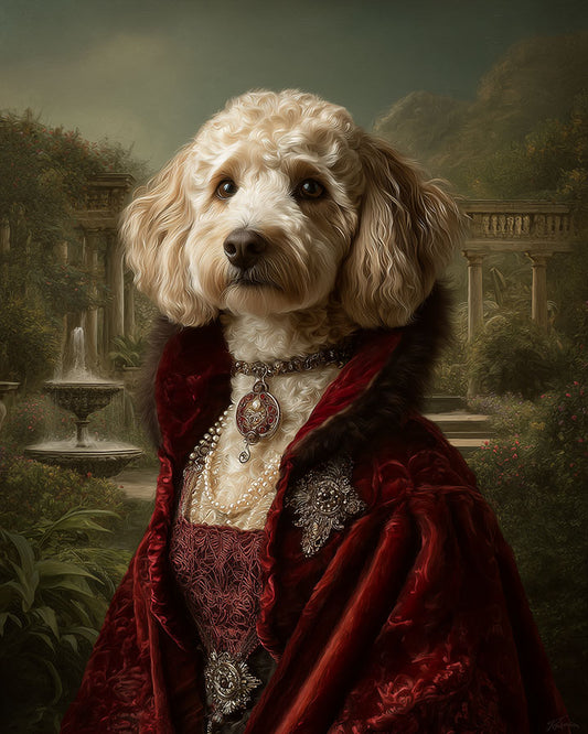 Wagwag Art Baroque-style custom pet portrait – a graceful female dog in red velvet and fur shawl, wearing baroque jewelry, with a Pompeii garden and fountain in background