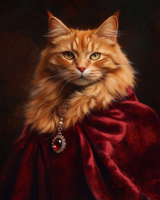 Wagwag Art Baroque royal consort style custom pet portrait – a ginger longhair cat in red velvet with a gemstone pendant, rich painterly textures and warm light