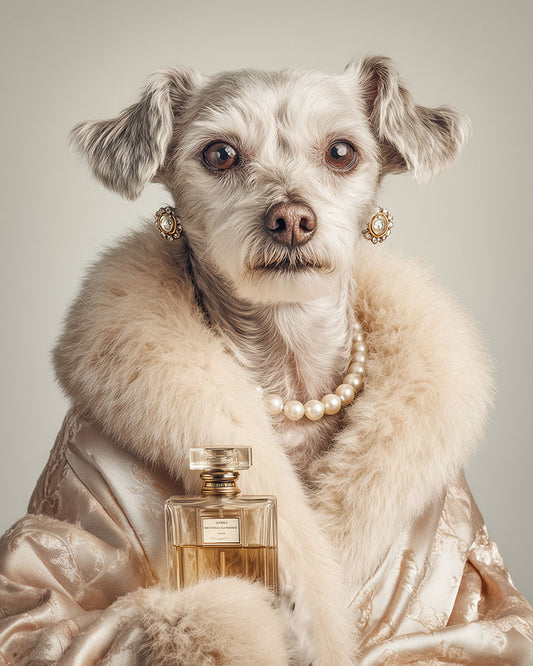 Wagwag Art fashion-style custom pet portrait – an elegant female dog in a champagne robe holding a perfume bottle, pearl earrings, off-white background, luxury editorial oil painting