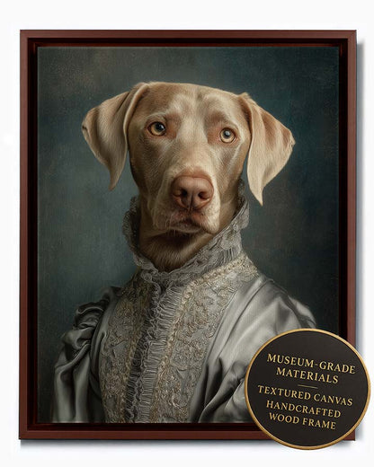 Wagwag Art classical-style custom pet portrait – a dignified female dog in silver-gray satin shoulder wrap, old master oil painting style, shown in espresso frame