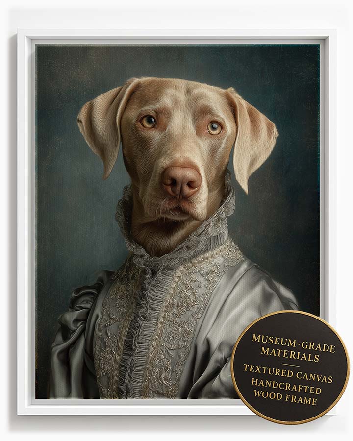 Wagwag Art classical-style custom pet portrait – a dignified female dog in silver-gray satin shoulder wrap, old master oil painting style, shown in white frame