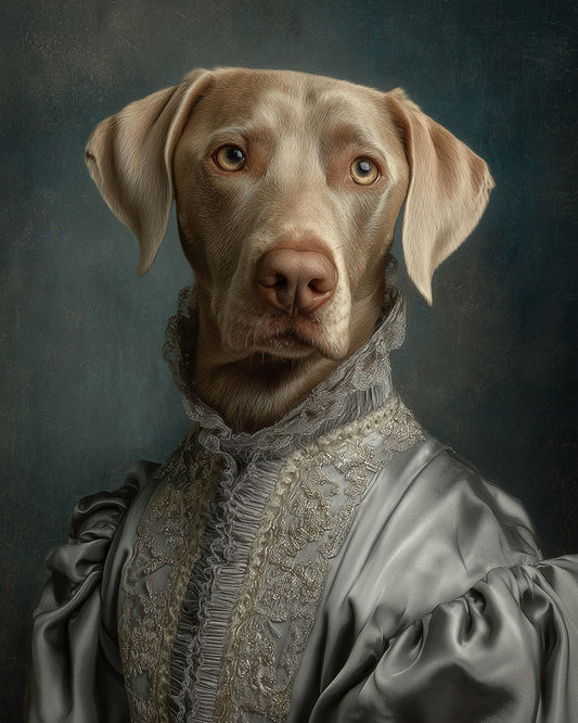 Wagwag Art classical-style custom pet portrait – a dignified female dog in silver-gray satin shoulder wrap, old master oil painting style