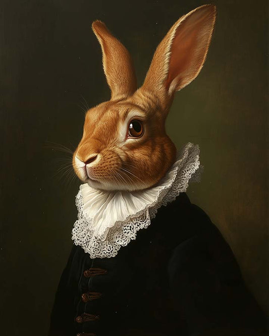 Wagwag Art custom pet portrait in Dutch Golden Age style – a brown rabbit wearing a lace collar and black coat, soft chiaroscuro oil painting effect