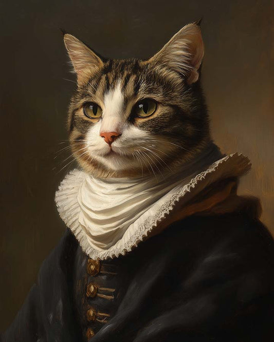Wagwag Art custom pet portrait in Dutch Renaissance style – a domestic tabby cat in a dark doublet with a white collar, thoughtful expression, warm oil painting tones