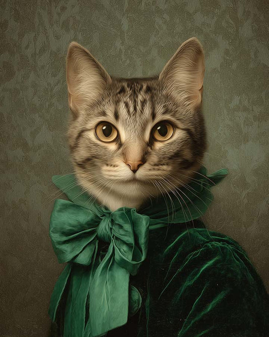Wagwag Art 18th-century custom pet portrait – a graceful female cat in emerald velvet gown with silk bow, golden brown eyes, classical green-gray damask background, oil painting style