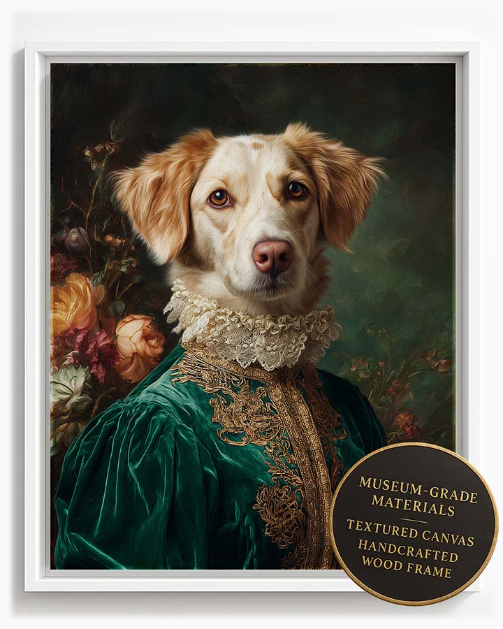 Wagwag Art aristocratic custom pet portrait – a noble female dog in emerald green velvet gown with pearl lace collar, palace drapery and floral background, oil painting style, shown in white frame