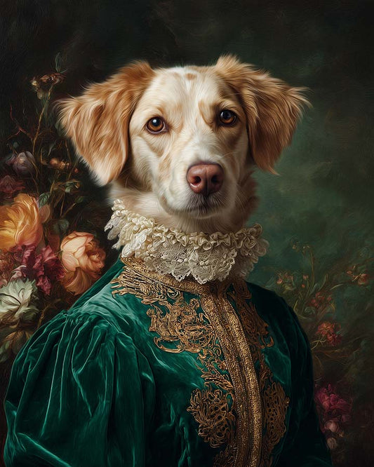 Wagwag Art aristocratic custom pet portrait – a noble female dog in emerald green velvet gown with pearl lace collar, palace drapery and floral background, oil painting style