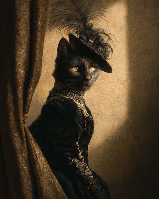 Wagwag Art European-style custom pet portrait – a confident female cat in black velvet gown with gold embroidery and feathered hat, classical oil painting with golden light