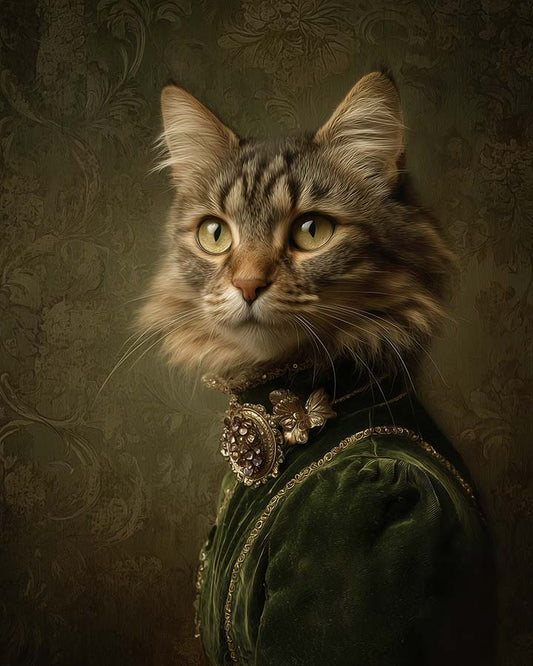 Wagwag Art Baroque-style custom pet portrait – an elegant female cat in forest green velvet gown with gold trim and vintage brooch, dark olive damask background, classical oil painting