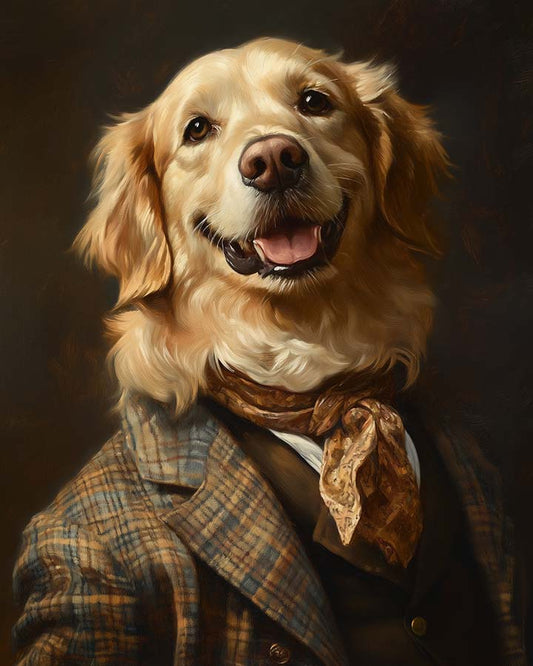Wagwag Art Georgian-style custom pet portrait – Golden Retriever in tweed jacket and cravat with manor house library backdrop