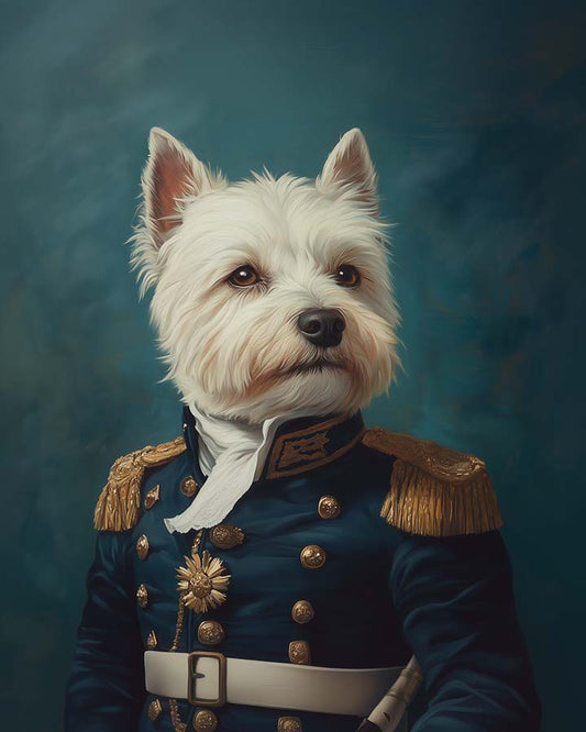 Wagwag Art 18th-century naval admiral style custom pet portrait – West Highland White Terrier in navy blue uniform with golden epaulets, commanding expression and muted teal background