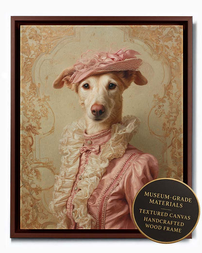 Wagwag Art classical custom pet portrait – a noble female dog in muted pink satin gown with ivory ruffles and pearl buttons, wearing a soft pink hat, pale gold damask background, oil painting style, shown in espresso frame