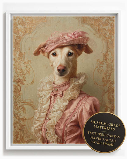 Wagwag Art classical custom pet portrait – a noble female dog in muted pink satin gown with ivory ruffles and pearl buttons, wearing a soft pink hat, pale gold damask background, oil painting style, shown in white frame